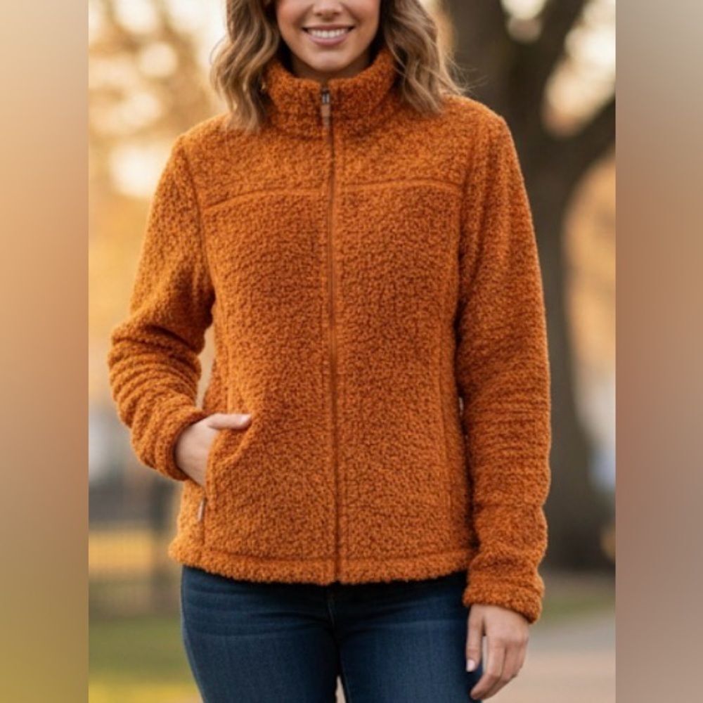 L.L. Bean Orange Plush Fleece Teddy Full Zip Jacket Size Medium
